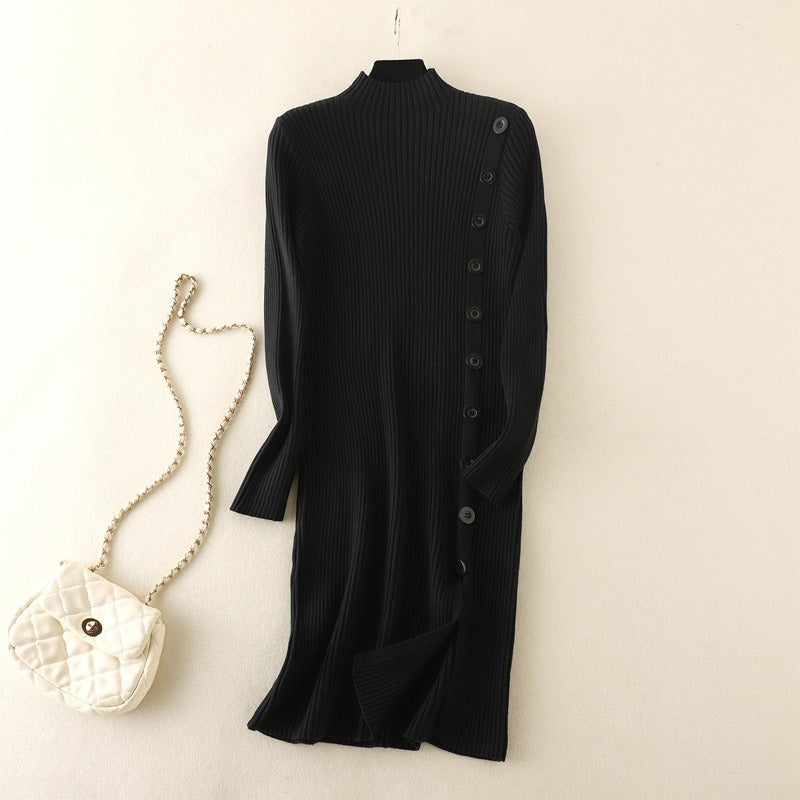 Mock Neck Side Slit Knitted Sweater Dress One Size Black