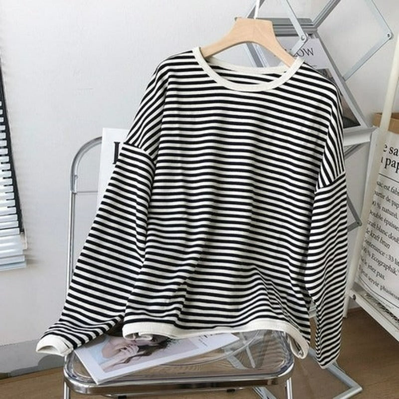 Women's Striped Round Neck Sweatshirt Black