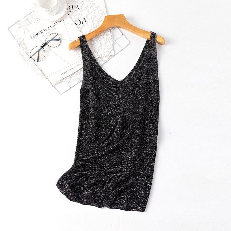 V-Neck Loose Bright Knitted Camisole Tanks For Women Black One Size