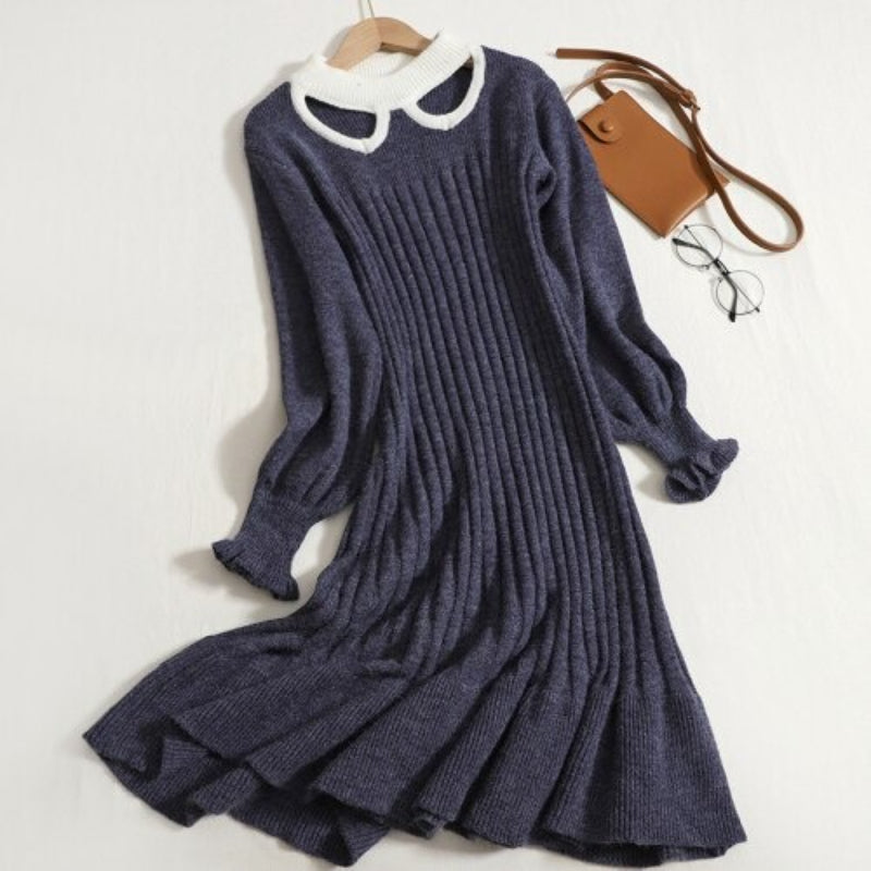 Hollowed Out Collar Ruffles Knitted Sweater Dress One Size Dark Gray