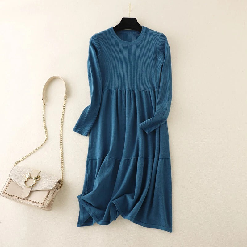 Loose A-Line Knitted Long Sweater Dress Blue One Size