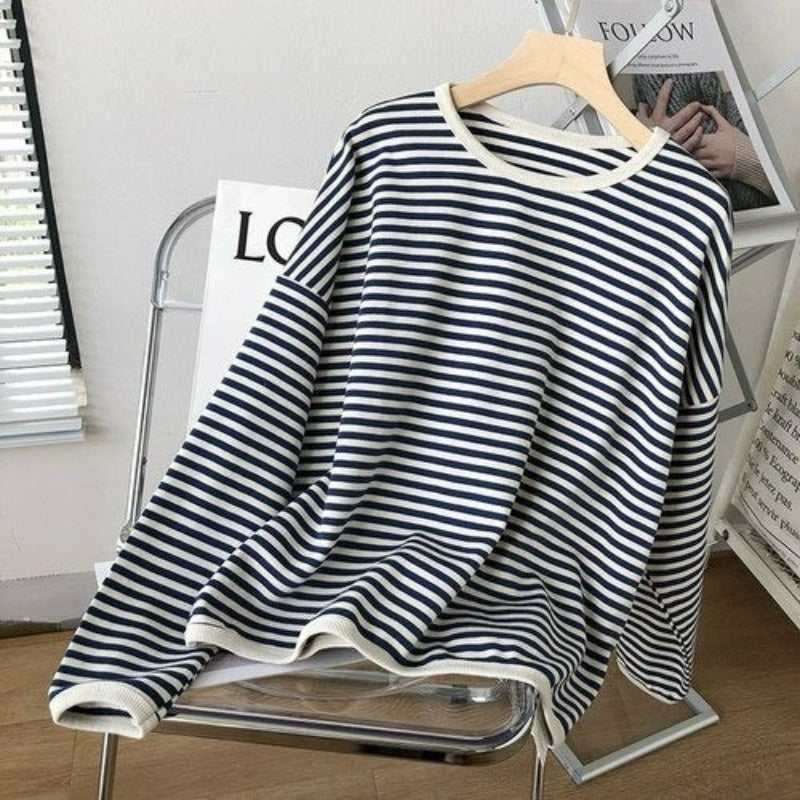 Women's Striped Round Neck Sweatshirt Blue