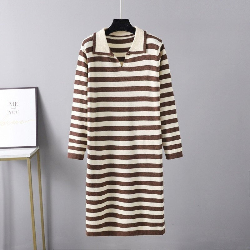 Women's V-Neck Loose Striped Knitted Sweater Dress One Size Brown