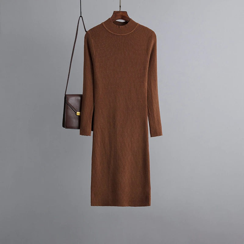 Knee-Length Ribbed Casual Sweater Dress For Women Brown One Size