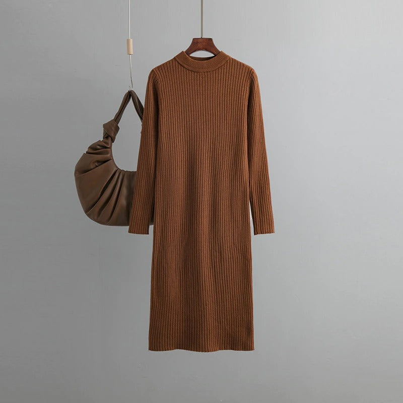 Basic O-Neck Loose Sweater Dress For Women Brown One Size