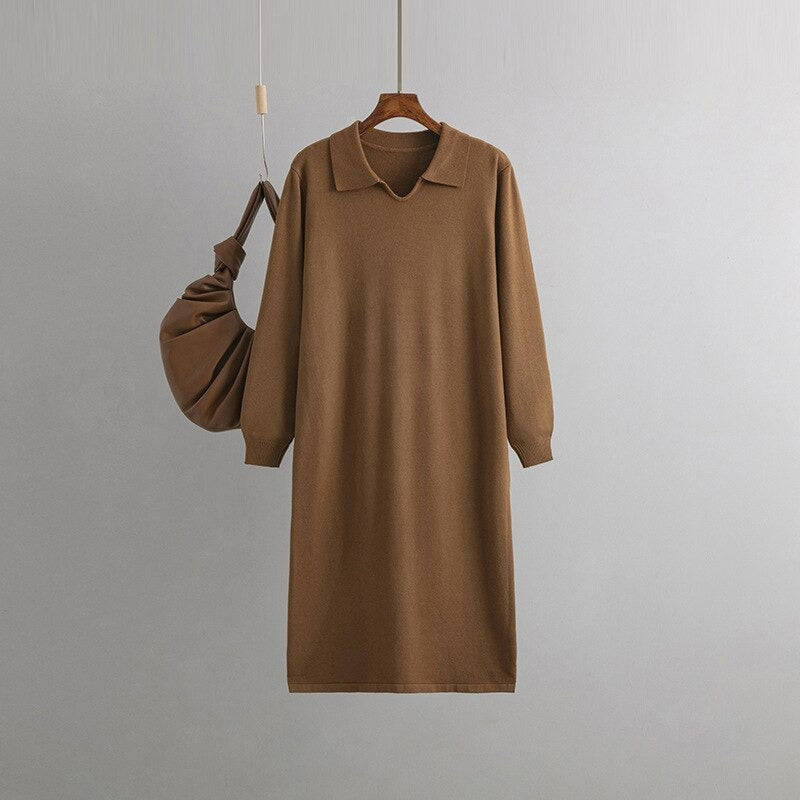 Polo Neck Loose Oversized Knitted Sweater Dress One Size Brown