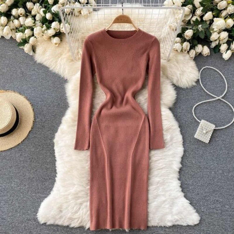 Elegant O Neck Tight Stretch Knit Dress For Women Brown One Size