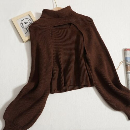 Turtleneck Long-Sleeved Knitted Smock With Vest Sweaters Brown One Size