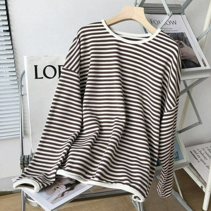 Women's Striped Round Neck Sweatshirt Brown