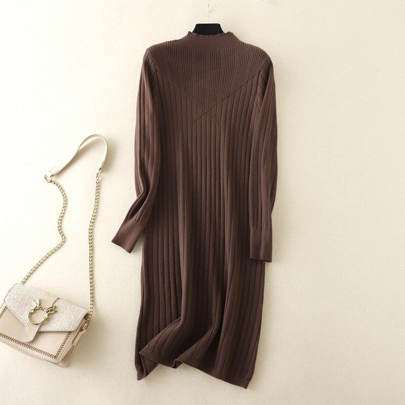 Slim Midi Mock Neck Sweater Dress For Women Brown One Size