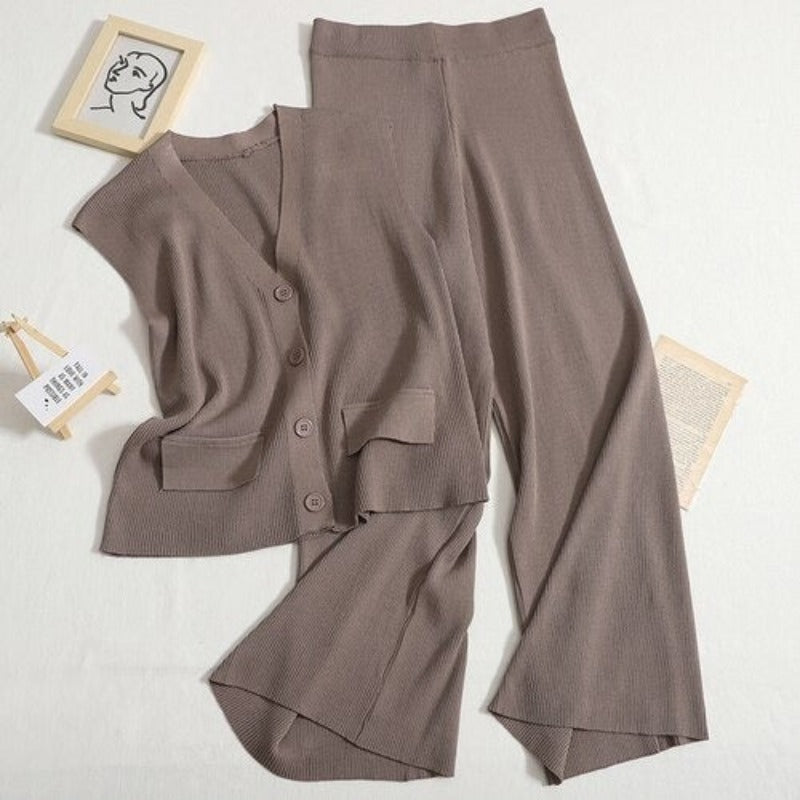 Retro Knitted Loose V-Neck Top And Pants Sets One Size Brown