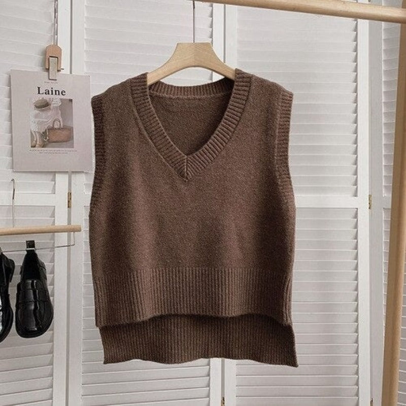 Loose Knitted V-Neck Sweater Vest For Women Brown One Size