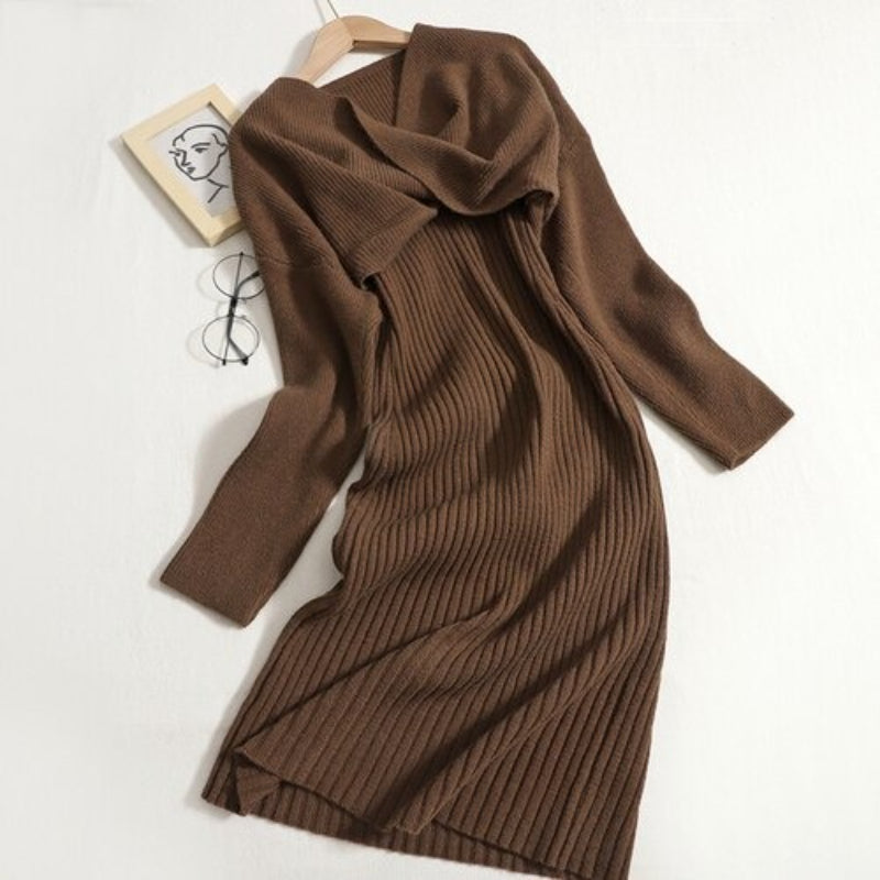 V-Neck Knitted Suspender Knotted Two-Piece Sweater Dress Brown One Size