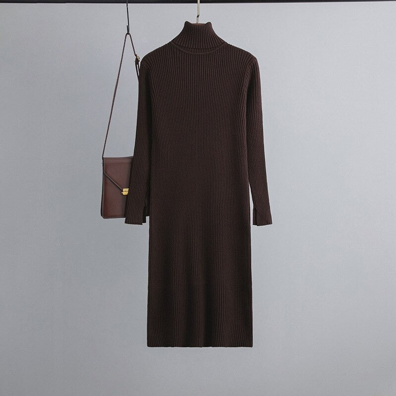 Turtleneck Ribbed Sweater Long Dress Dark Brown One Size