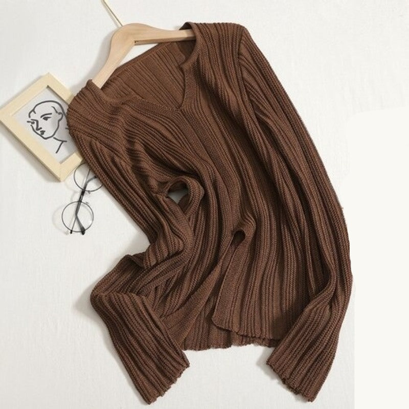 Solid Color Knitted Hollow Out Sweater For Women Brown One Size