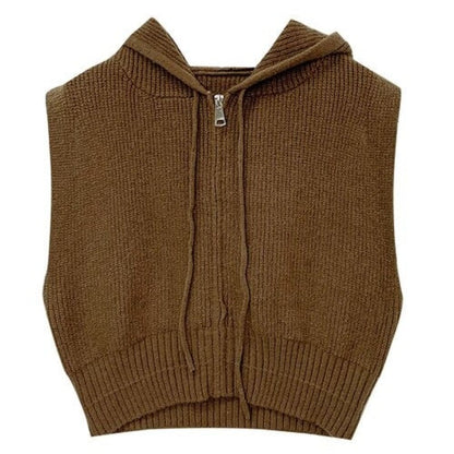 Loose Zipper Knitted Hooded Sweater Vest For Women Brown One Size