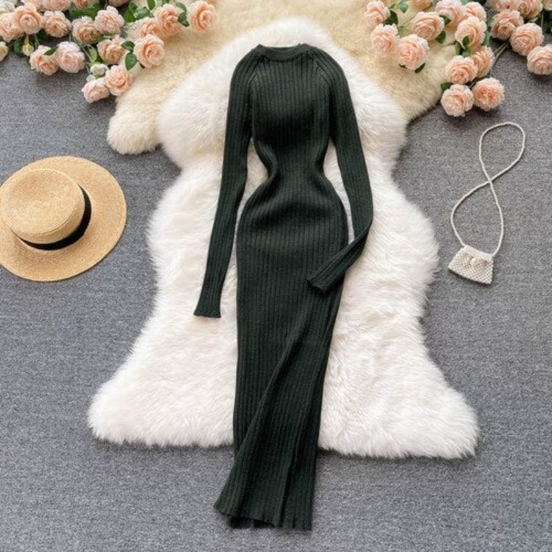 O-Neck Elastic Warm Knitted Sweater Dress