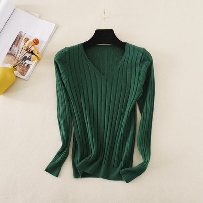 Basic V-Neck Solid Bodycon Knitted Sweater For Women Green One Size