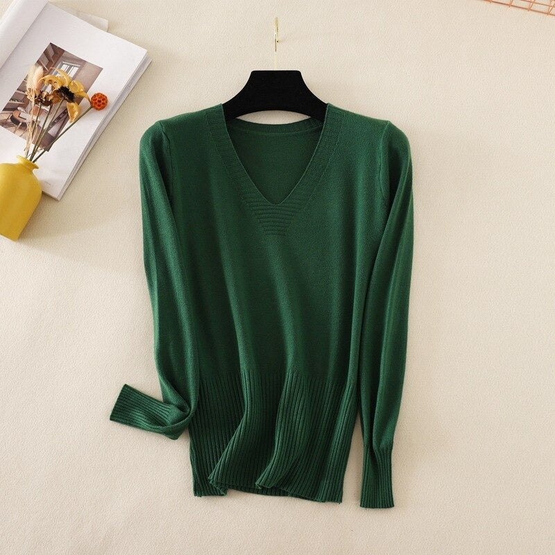 Slim Knitted Long Sleeve Sweater Jumper For Women Green One Size