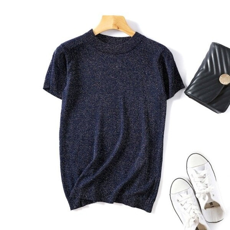 Shiny Knitted Slim O-Neck Sweater Shirt For Women Dark Blue One Size