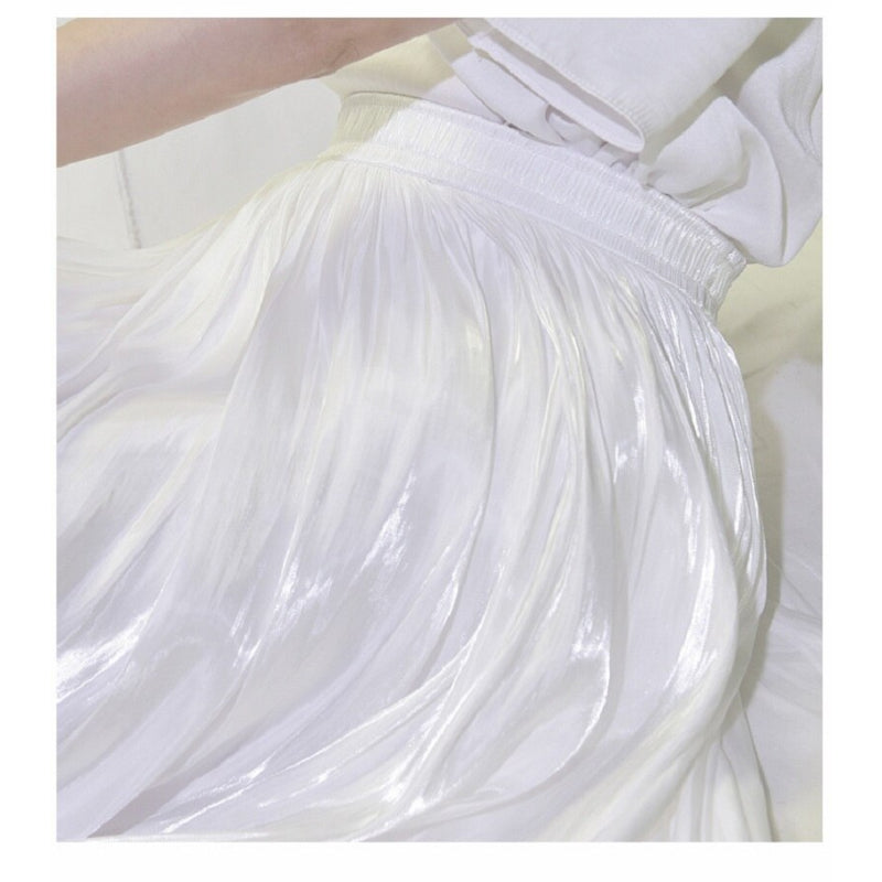 Shiny Silky Gloss Casual Midi Skirt For Women White One Size