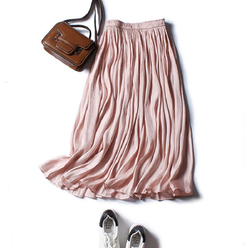 Shiny Silky Gloss Casual Midi Skirt For Women Pink One Size