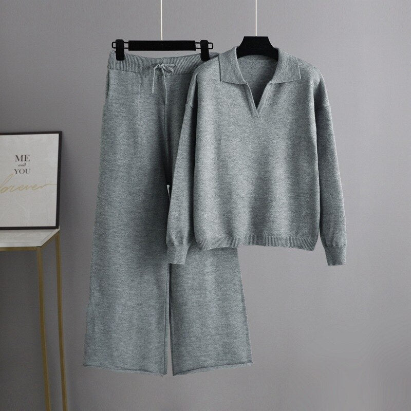 Women Knitted Collared 2 Piece Set Grey One Size