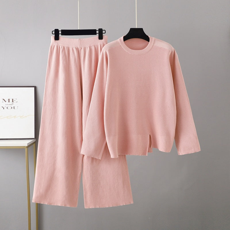 Loose Slit Sweater 2-Piece Set Pink One Size