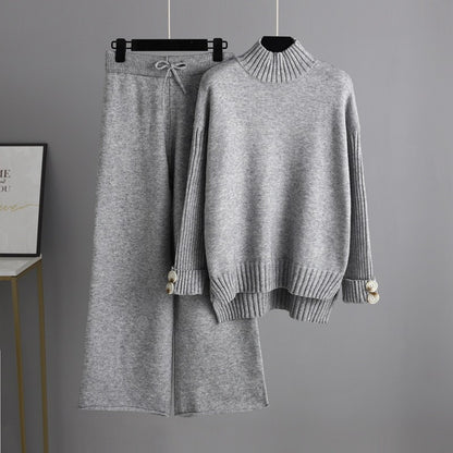 Women's Turtleneck Thickened Knitted Sweater Set Grey One Size