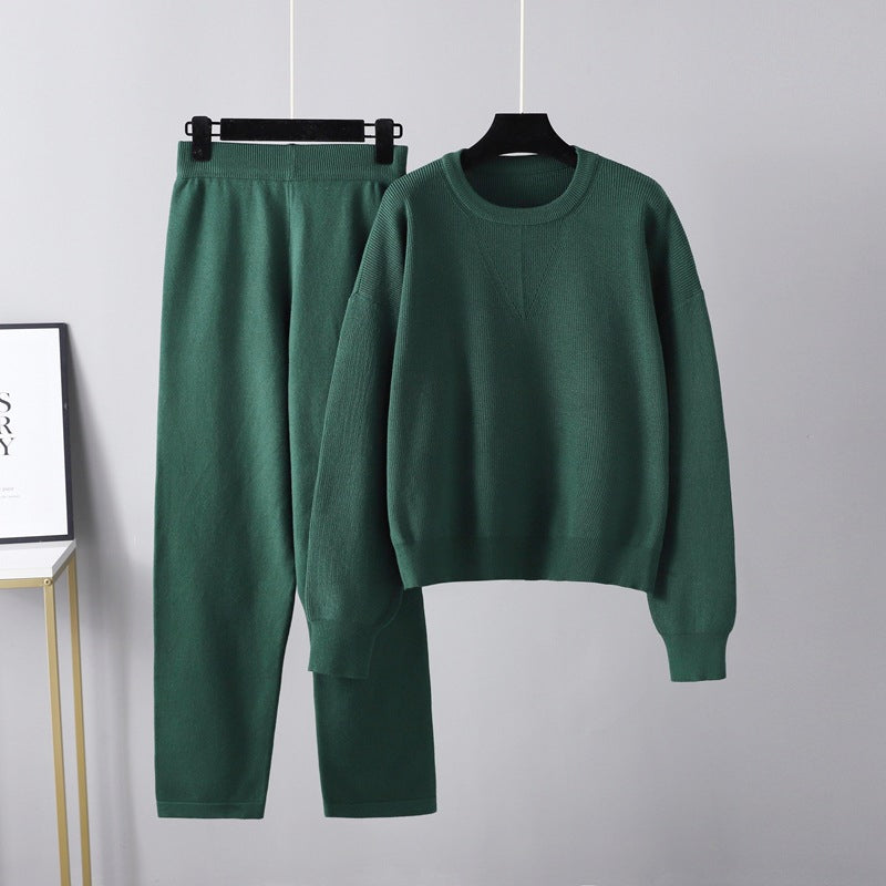 Women Solid Pullover 2 Piece Set Green One Size