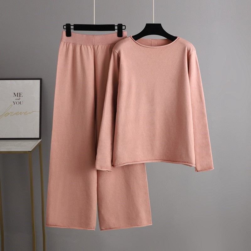 Solid Soft Knitted Wide-Leg Pants Set Pink One Size