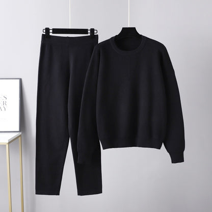 Women Solid Pullover 2 Piece Set Black One Size