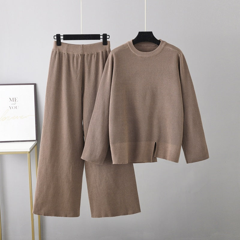 Loose Slit Sweater 2-Piece Set Brown One Size