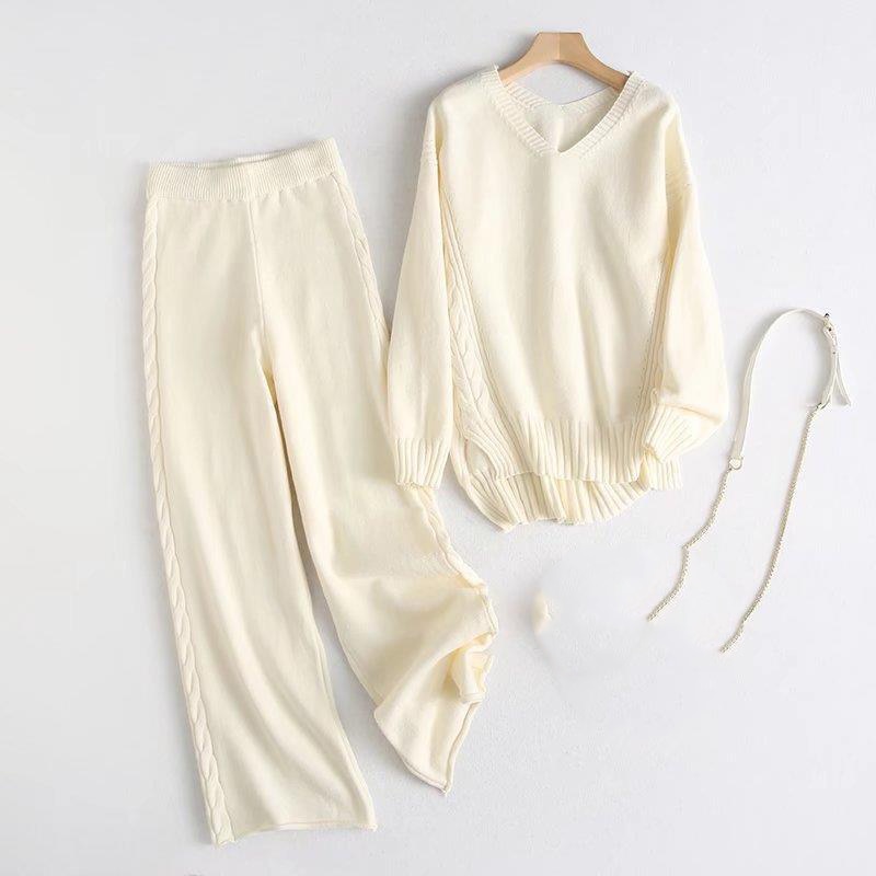 Winter Twist Knitted Wide Leg Pant Sets Beige One Size