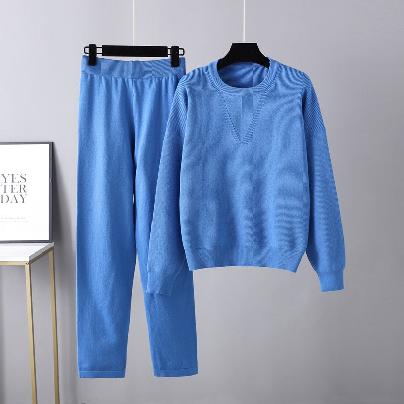 Women Solid Pullover 2 Piece Set Blue One Size