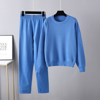 Women Solid Pullover 2 Piece Set Blue One Size