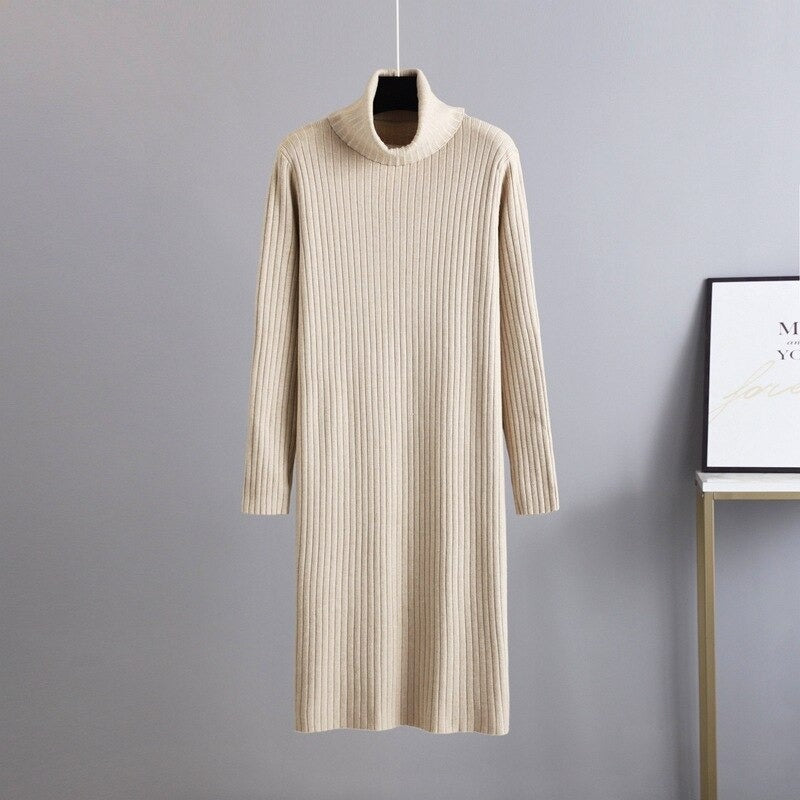 Warm Soft Thick Turtleneck Sweater Dress For Women Khaki One Size