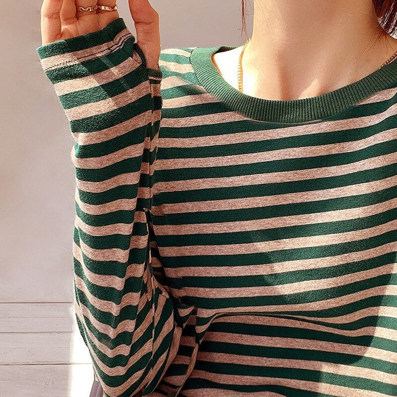 Casual Thick Stripes Knitted Cotton T-Shirts For Women