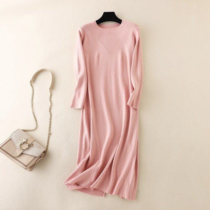 Elegant Knitted Warm Soft Long Sweater Dress Pink One Size