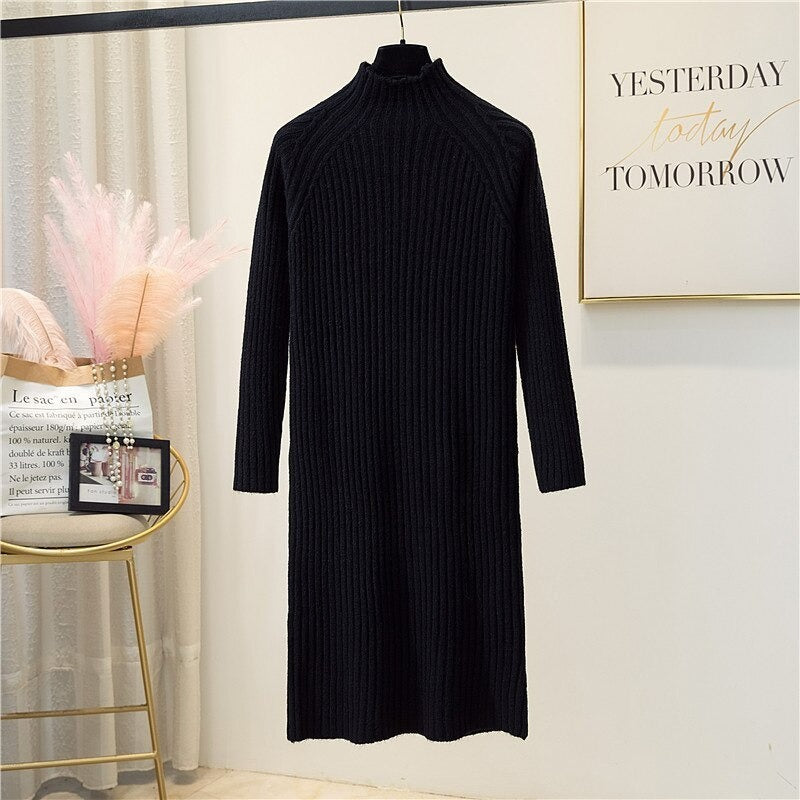 Korean Mock Neck Knitted Dress For Women Black