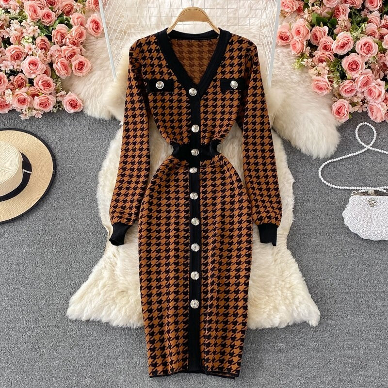 Elegant Plaid Houndstooth Knitted Dress For Women Brown One Size