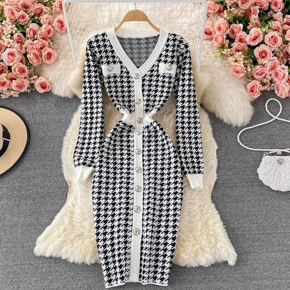 Elegant Plaid Houndstooth Knitted Dress For Women Black One Size