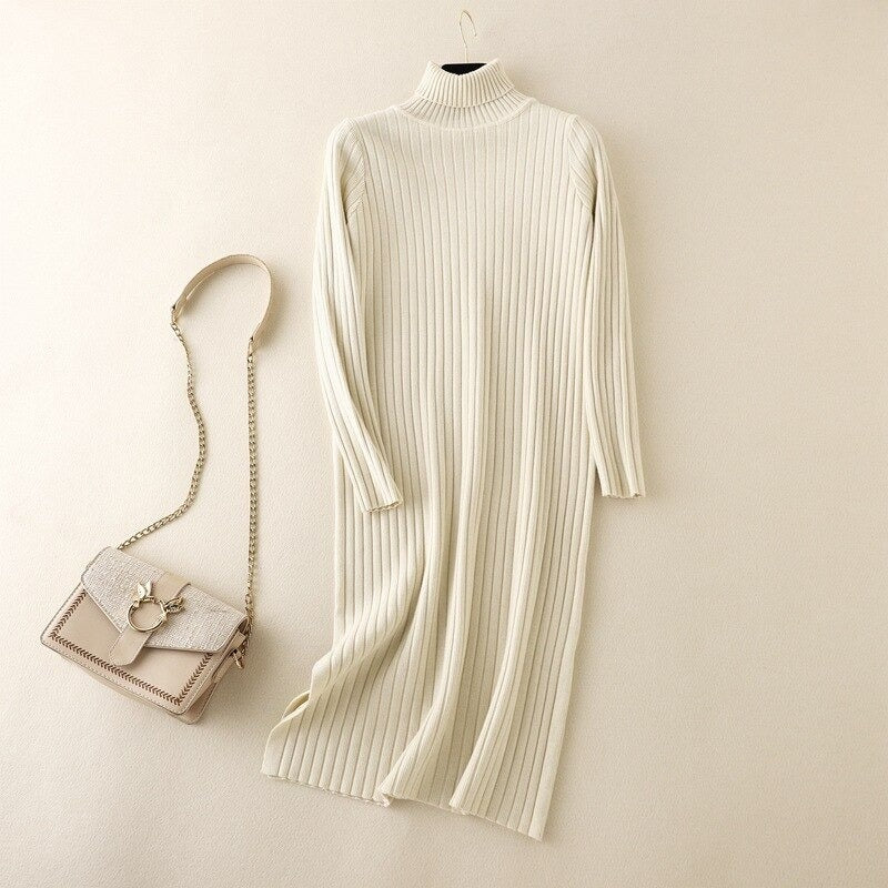 Turtleneck Long Knitted Sweater Dress For Women White One Size