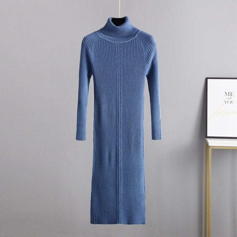 Elegant Slim Knitted Sweater Dress For Women Blue One Size