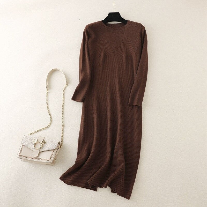 Elegant Knitted Warm Soft Long Sweater Dress Brown One Size