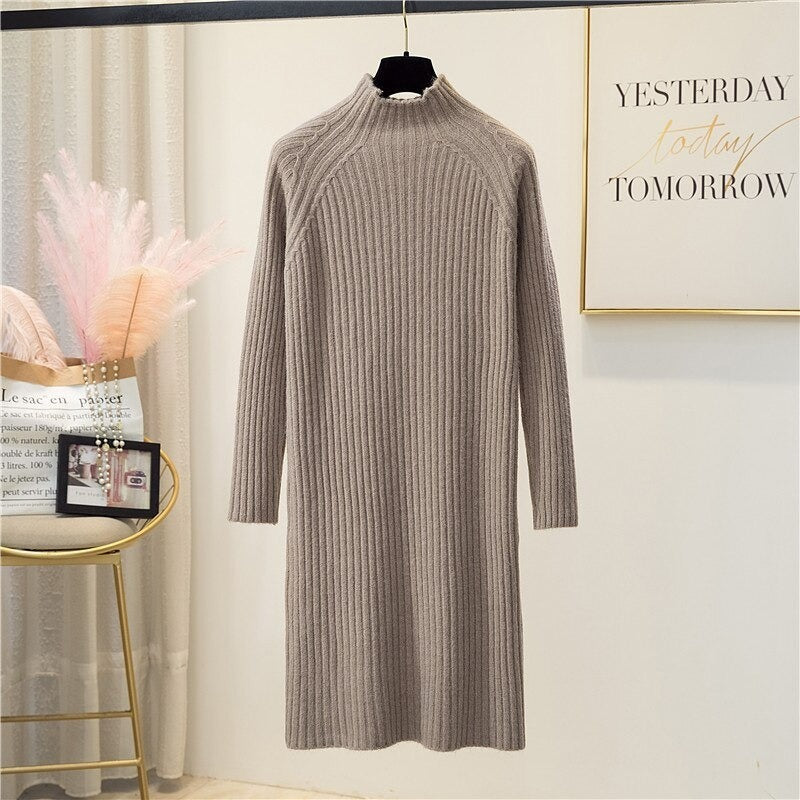 Korean Mock Neck Knitted Dress For Women Khaki