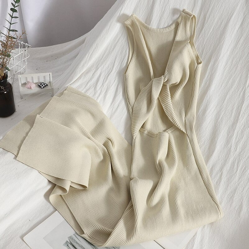 Casual Split Knitted Hollow Sleeveless Dress For Women Apricot One Size