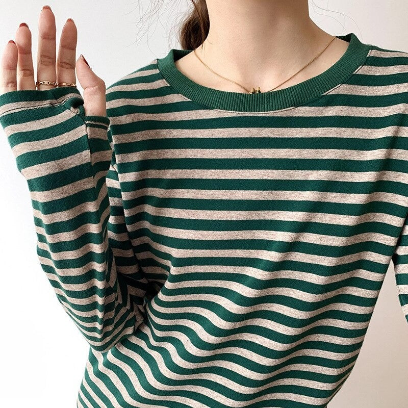 Casual Thick Stripes Knitted Cotton T-Shirts For Women Green