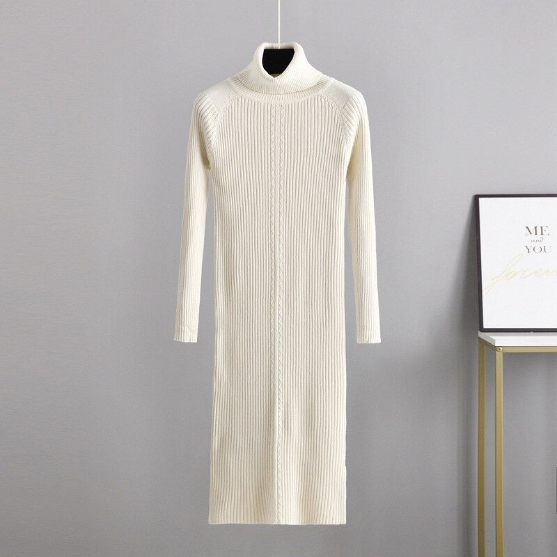 Elegant Slim Knitted Sweater Dress For Women Apricot One Size