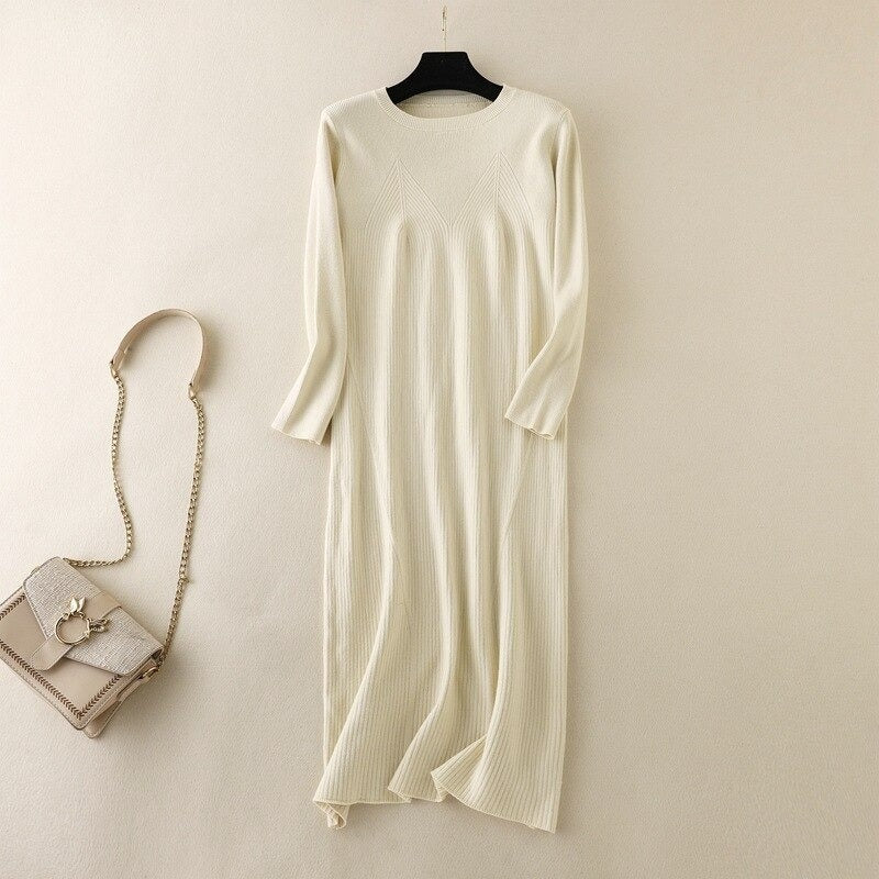 Elegant Knitted Warm Soft Long Sweater Dress Off White One Size